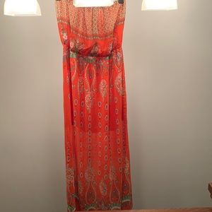 Strapless red printed sheer maxi dress with mini dress underneath